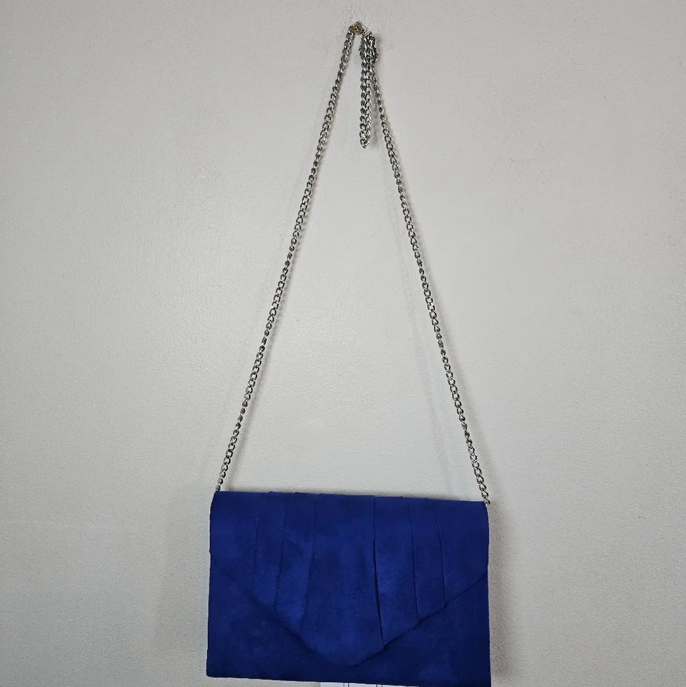 Women's Evening Bag Pleated Envelope Clutch Royal Blue Silver Chain